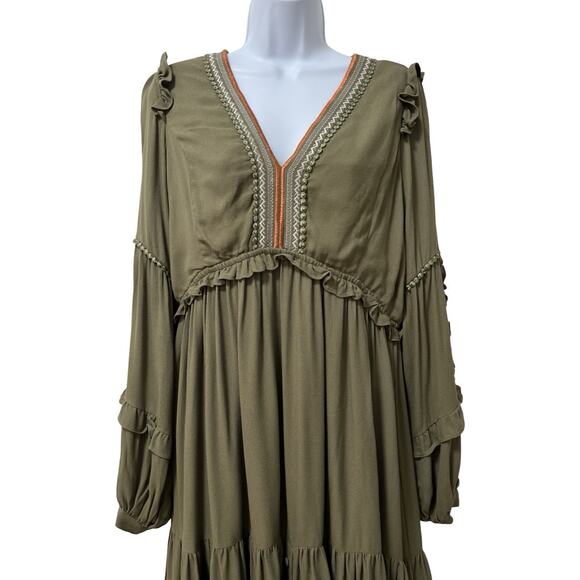 Hale Bob Josephine Embroidered Tiered Maxi Long Dress Size L Olive Green Boho - Picture 3 of 12